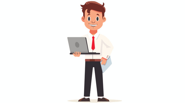 Cartoon happy businessman holding a laptop flat vector