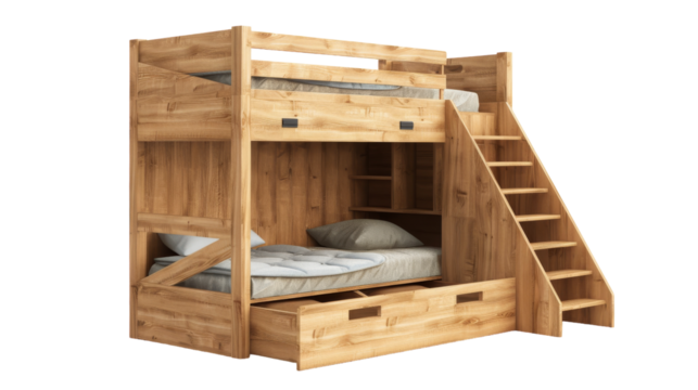 A wooden bunk bed, complete with stairs and drawers, offers a cozy and practical solution for restful nights