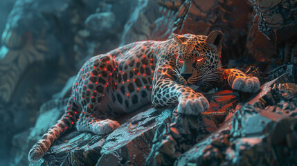 A Realistic animal siting on rocks. tiger closeup view on rock. tiger with neon lights concept.