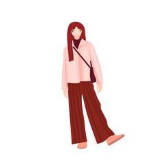 Drawn woman in stylish autumn or spring clothes on white background