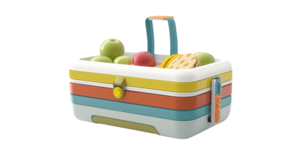 A colorful lunch box adorned with a handle and multiple handles