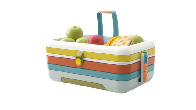 A colorful lunch box adorned with a handle and multiple handles
