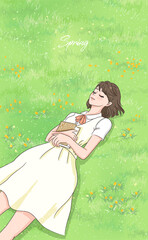 Beautiful young woman relaxing in nature. Carefree girl is resting on spring lawn. Flower field on a summer day. Lies on green grass in park, Warm sunshine. Hand drawn style. Flat vector illustration. - 773795411