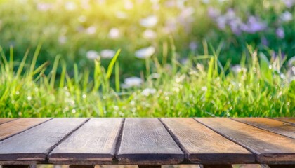 Fototapeta premium Green Oasis: Empty Table with Gentle Grass Blur in the Background