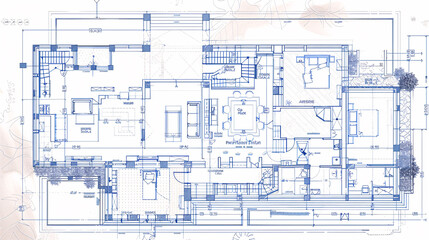 Overhead shot of a very detailed house blueprint, house plan with all elements present 