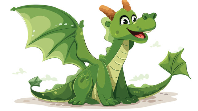 Cartoon happy green dragon sitting flat vector isolated