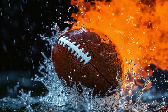 Close-up of american football ball in water splash on black background