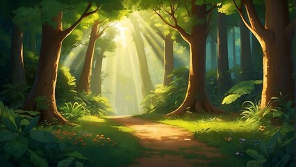 illustration of beautiful tropical forest with lush vegetation and bathed in sunlight digital background - obrazy, fototapety, plakaty
