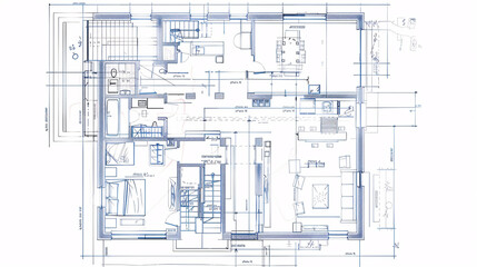 Overhead shot of a very detailed house blueprint, house plan with all elements present 