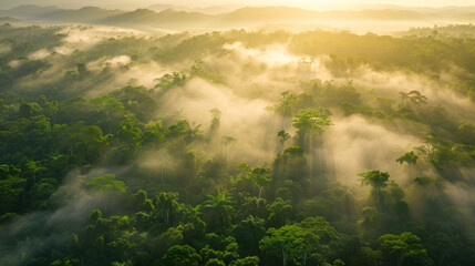 Aerial landscape view of a very dense jungle with hazy zones just above the highest trees and many rays of light in the morning light