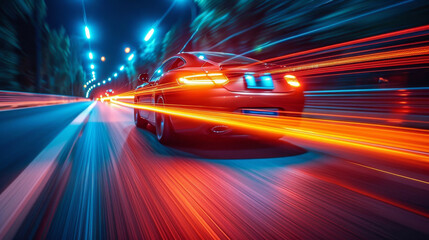 Close-up behind the back of a sport car with a colorful high speed blur inside a night road with trees and streetlights as a blurry background