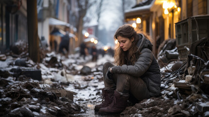 Very tired and sad young woman with winter clothes sit outside in a path with many remains after a disaster under snow with a blurry street in background