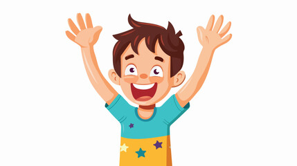 Fototapeta na wymiar Cartoon happy little boy raising hands flat vector isolated