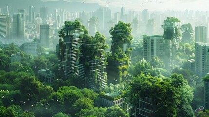 Green skyscrapers with lush vegetation in a futuristic cityscape - obrazy, fototapety, plakaty