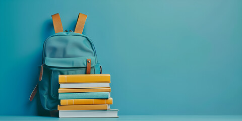 School orange backpack with books isolated on blue background - obrazy, fototapety, plakaty