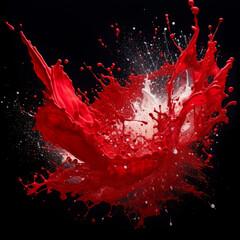 big Splash of satiny red with a bit of white paint with lots of tiny drops on a dark background