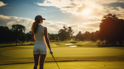 Back view of a Woman wearing short sport clothes with a cap and a Golf club standing up with a morning light into a blurry Golf course