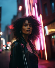 Beautiful Fashion Black Model with long hair and a shiny black jacket into a dusk city street with many neons as a blurry background