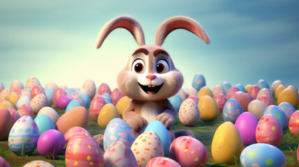 Happy and cute cartoon brown Easter Rabbit in the middle of many colored and painted eggs with a blurry background