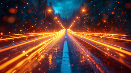 Center view of a night road with many car headlight traces and orange streetlights along the road with many orange particles in the air