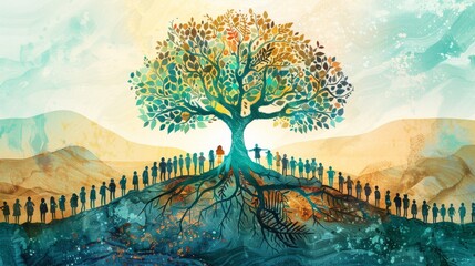 People around a tree with diverse leaves on textured ground symbolizing unity and
