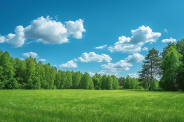 Green meadow with blue sky and white clouds,  Nature background