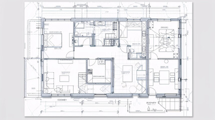 Overhead shot of a very detailed house blueprint, house plan with all elements present 