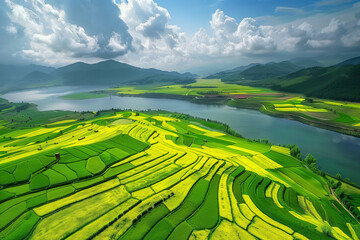 A beautiful landscape with a large body of water and a lush green field. AI.