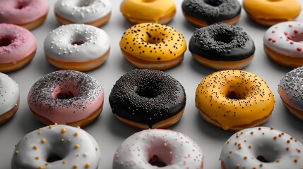 Assorted glazed donuts with various toppings in vibrant colors displayed on a neutral background, Concept of indulgence, variety, and dessert appeal.