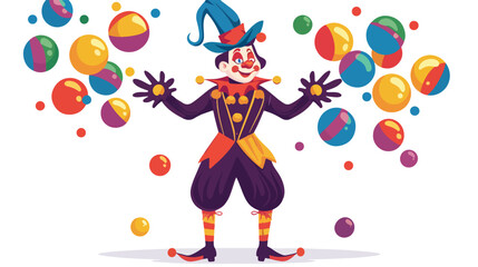 Cartoon jester juggling colorful balls flat vector isolated