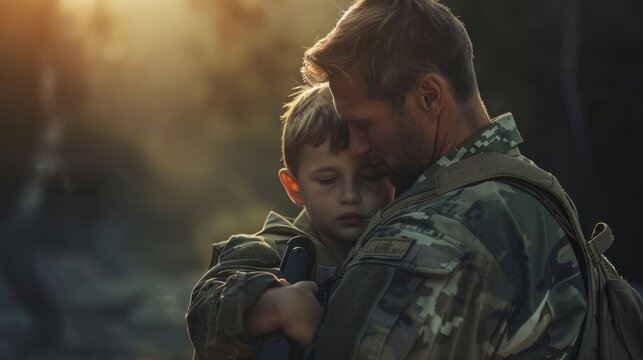 Military man father hugs son. Portrait of happy family. Focus on father back.