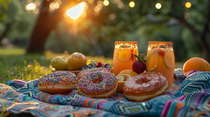 Sunset picnic scene with freshly squeezed orange juice garnished with a strawberry, colorful donuts, and ripe fruits on a vibrant patterned blanket in a lush orchard. - obrazy, fototapety, plakaty
