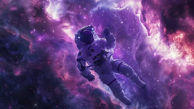 An astronaut wearing a full space suit with an outer space galaxy in the background. Concept of International Day of Human Space Flight. 4K Videos