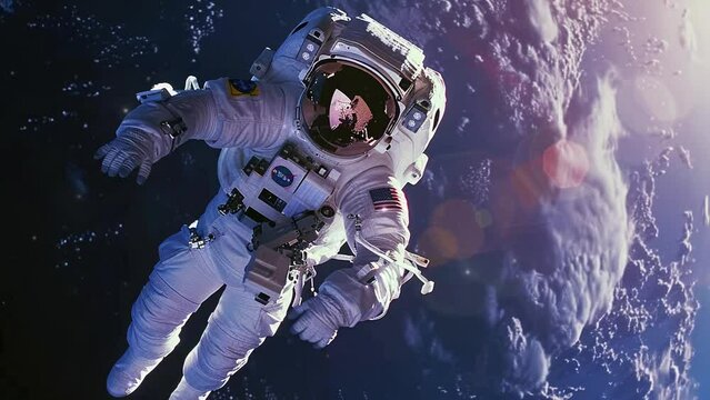 An astronaut who goes on a spacewalk wears a full space suit. Background of planet earth surrounded by stars. International Day of Human Space Flight concept. 4K Videos