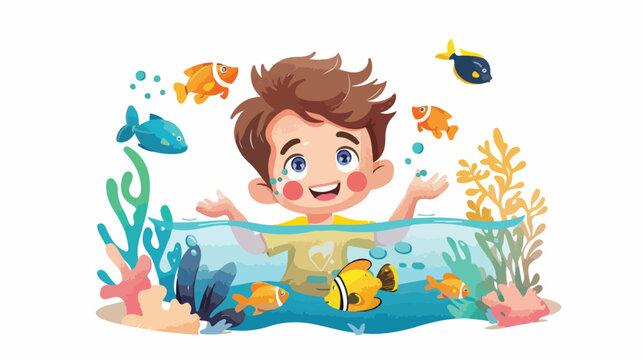 Cartoon little boy in underwater with fish flat vector