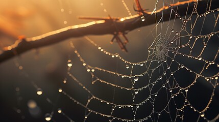 a spider web with water droplets on it - obrazy, fototapety, plakaty