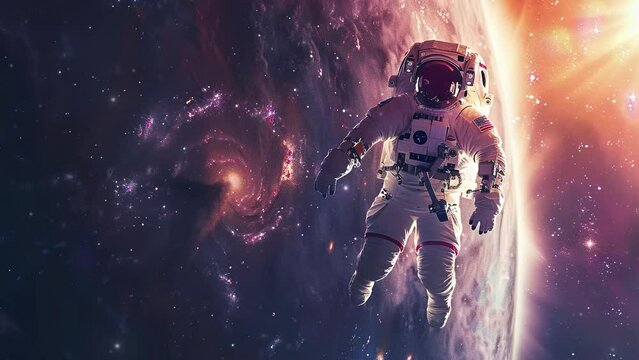 An astronaut wearing a full space suit with an outer space galaxy in the background. Concept of International Day of Human Space Flight. 4K Videos