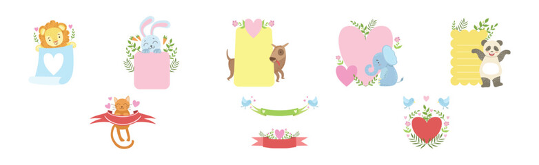 Message Template with Cute Animal and Flora Vector Set