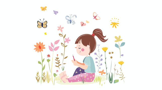 Cartoon little girl drawing butterfly and flowers on t