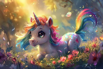 Charming unicorn with pastel mane in a sun-drenched glade