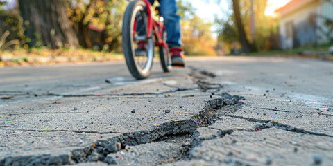 Boy riding a bike and big crack on road in frint. Poor condition of the road surface. Spring season. Hole in the asphalt, risk of movement by car, bad asphalt, dangerous road, potholes in asphalt. 