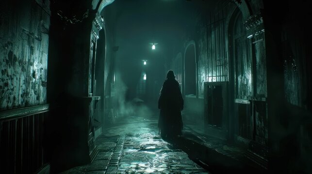 A dark, eerie game environment where an NPC unexpectedly turns into a boss, complete with a heartstopping jump scare - Powered by Adobe