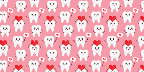 Seamless pattern with cute characters teeth and hearts. Pattern for dentistry.