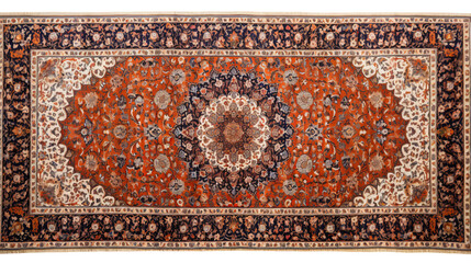 An orange and blue rug featuring a striking medallion design, adding a touch of elegance to any room