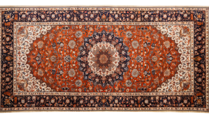 An orange and blue rug featuring a striking medallion design, adding a touch of elegance to any room