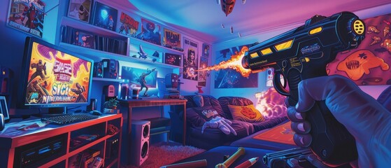 A highspeed illustration capturing a gamers intense speedrun session, with Nerf blasters and UFO posters adorning the room - obrazy, fototapety, plakaty