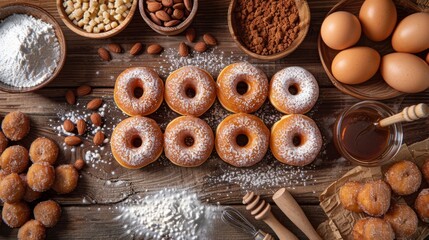 Artisanal donuts dusted with powdered sugar surrounded by baking ingredients and utensils on a rustic wooden table, invoking a warm, homemade baking scene