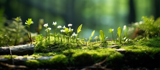 Lush green moss blankets the ground, dotted with delicate small white flowers in a beautiful natural setting