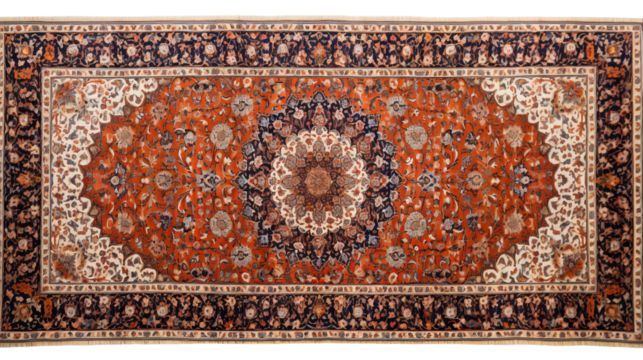 An orange and blue rug featuring a striking medallion design, adding a touch of elegance to any room - Powered by Adobe