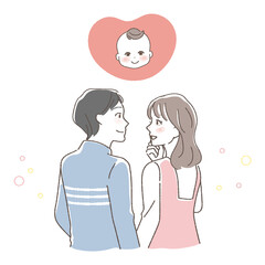 Illustration of the upper body of a couple thinking about family planning.
